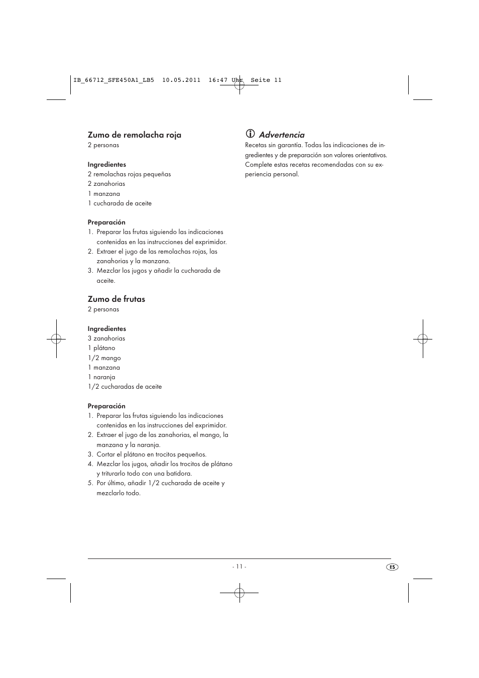 Zumo de remolacha roja, Zumo de frutas, Advertencia | Silvercrest SFE 450 A1 User Manual | Page 13 / 62