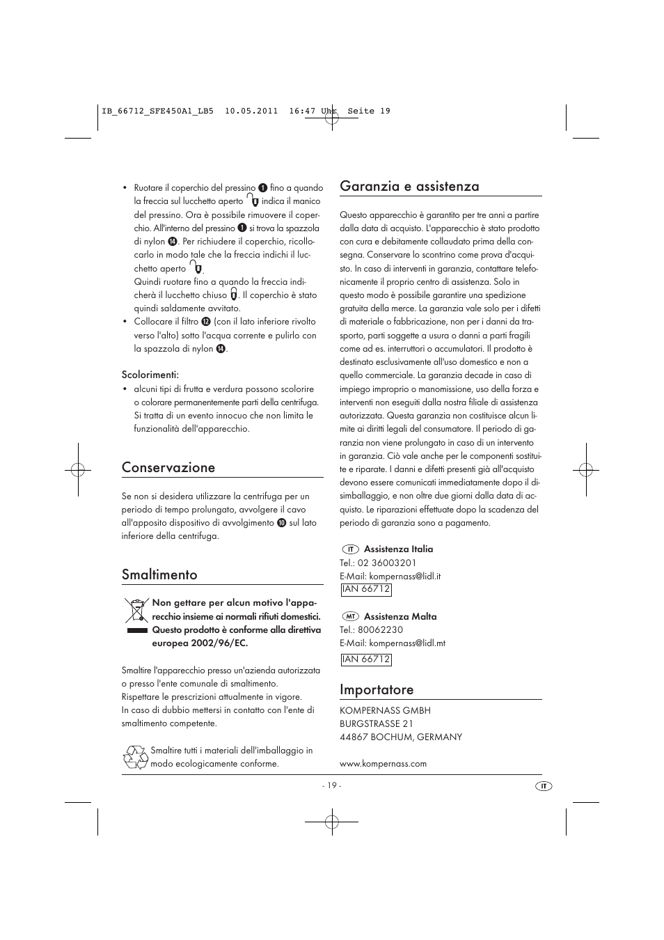 Conservazione, Smaltimento, Garanzia e assistenza | Importatore | Silvercrest SFE 450 A1 User Manual | Page 21 / 62