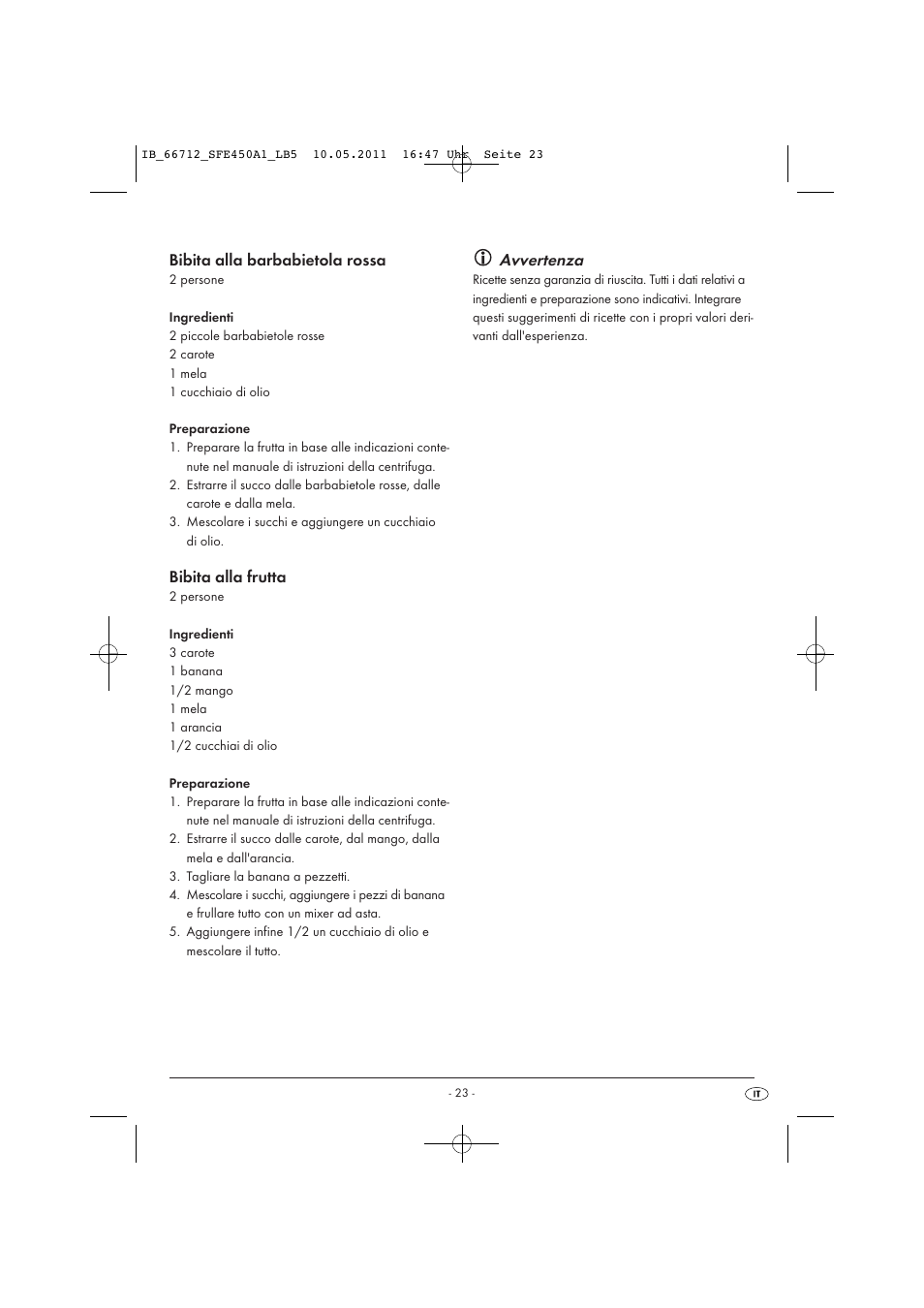 Bibita alla barbabietola rossa, Bibita alla frutta, Avvertenza | Silvercrest SFE 450 A1 User Manual | Page 25 / 62