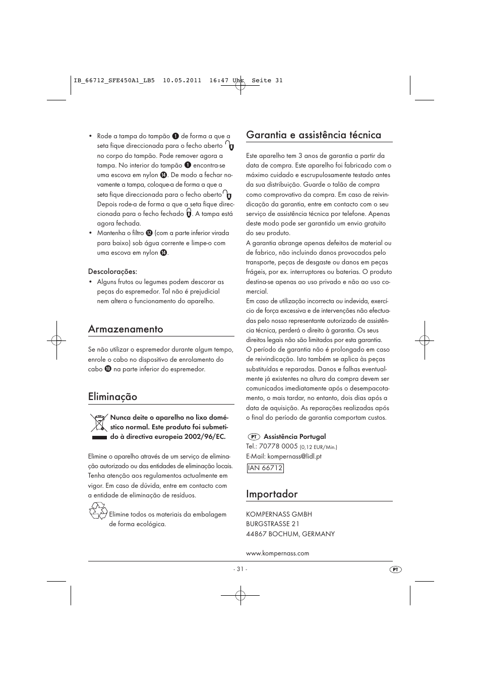 Armazenamento, Eliminação, Garantia e assistência técnica | Importador | Silvercrest SFE 450 A1 User Manual | Page 33 / 62
