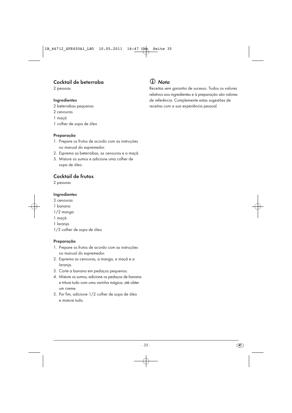 Cocktail de beterraba, Cocktail de frutos, Nota | Silvercrest SFE 450 A1 User Manual | Page 37 / 62