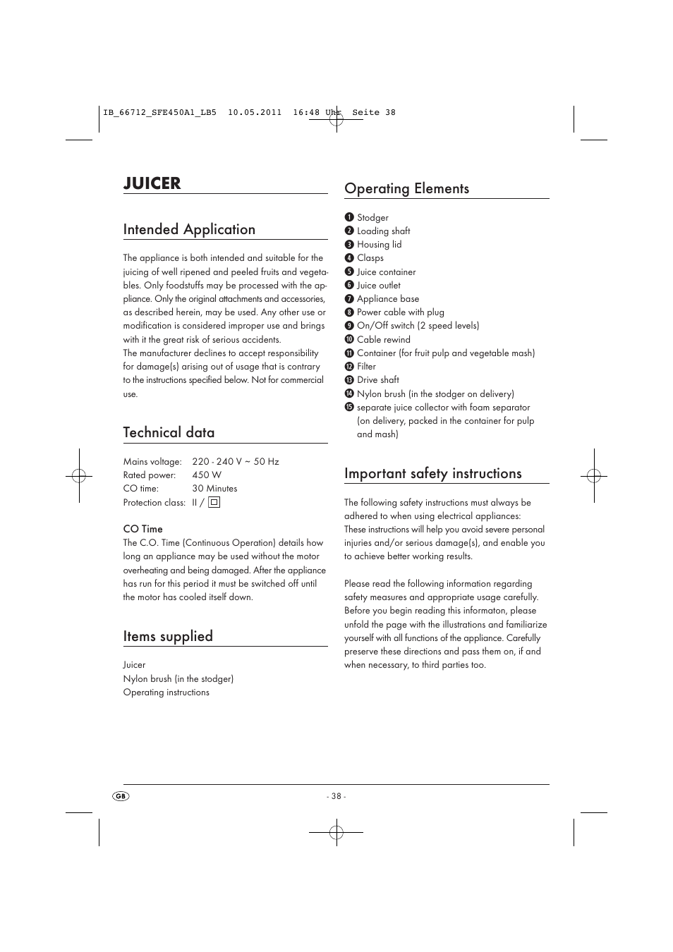 Juicer, Intended application, Technical data | Items supplied, Operating elements, Important safety instructions | Silvercrest SFE 450 A1 User Manual | Page 40 / 62