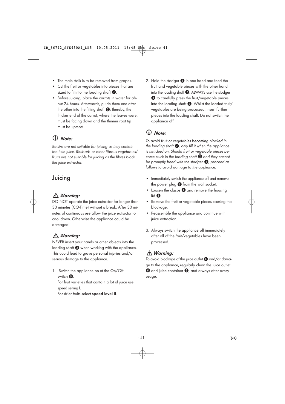 Juicing, Warning | Silvercrest SFE 450 A1 User Manual | Page 43 / 62