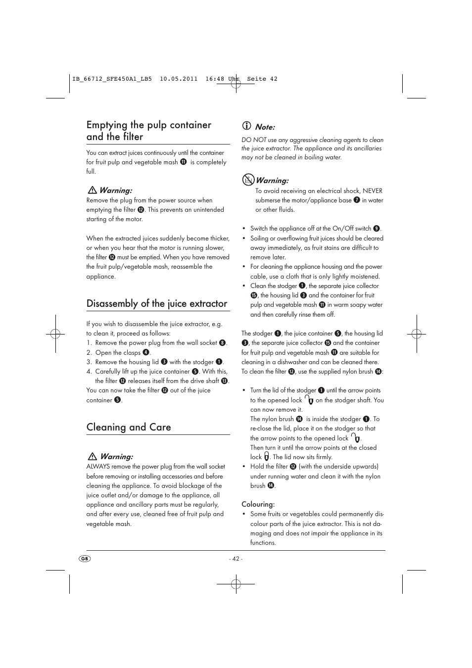 Emptying the pulp container and the filter, Disassembly of the juice extractor, Cleaning and care | Silvercrest SFE 450 A1 User Manual | Page 44 / 62