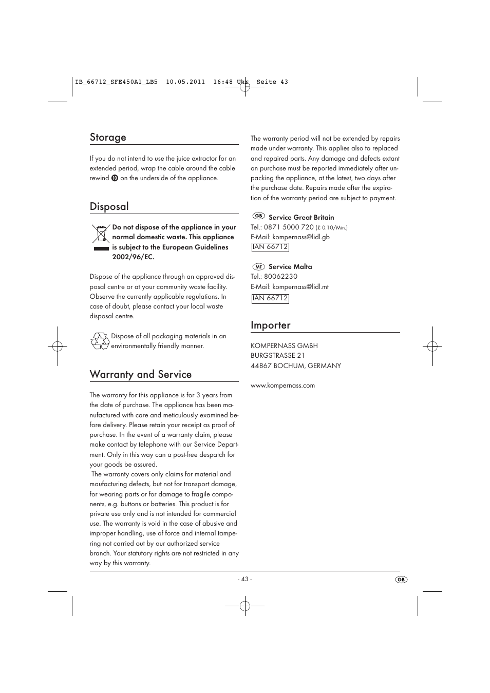 Storage, Disposal, Warranty and service | Importer | Silvercrest SFE 450 A1 User Manual | Page 45 / 62