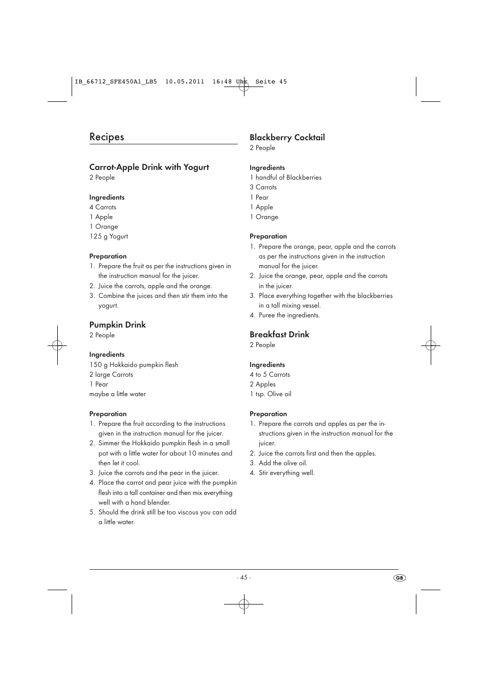Recipes, Carrot-apple drink with yogurt, Pumpkin drink | Blackberry cocktail, Breakfast drink | Silvercrest SFE 450 A1 User Manual | Page 47 / 62