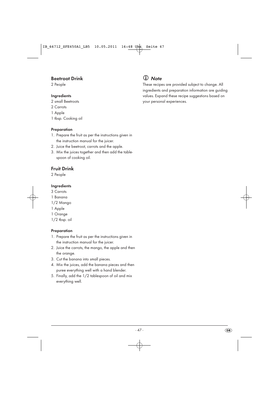 Beetroot drink, Fruit drink | Silvercrest SFE 450 A1 User Manual | Page 49 / 62