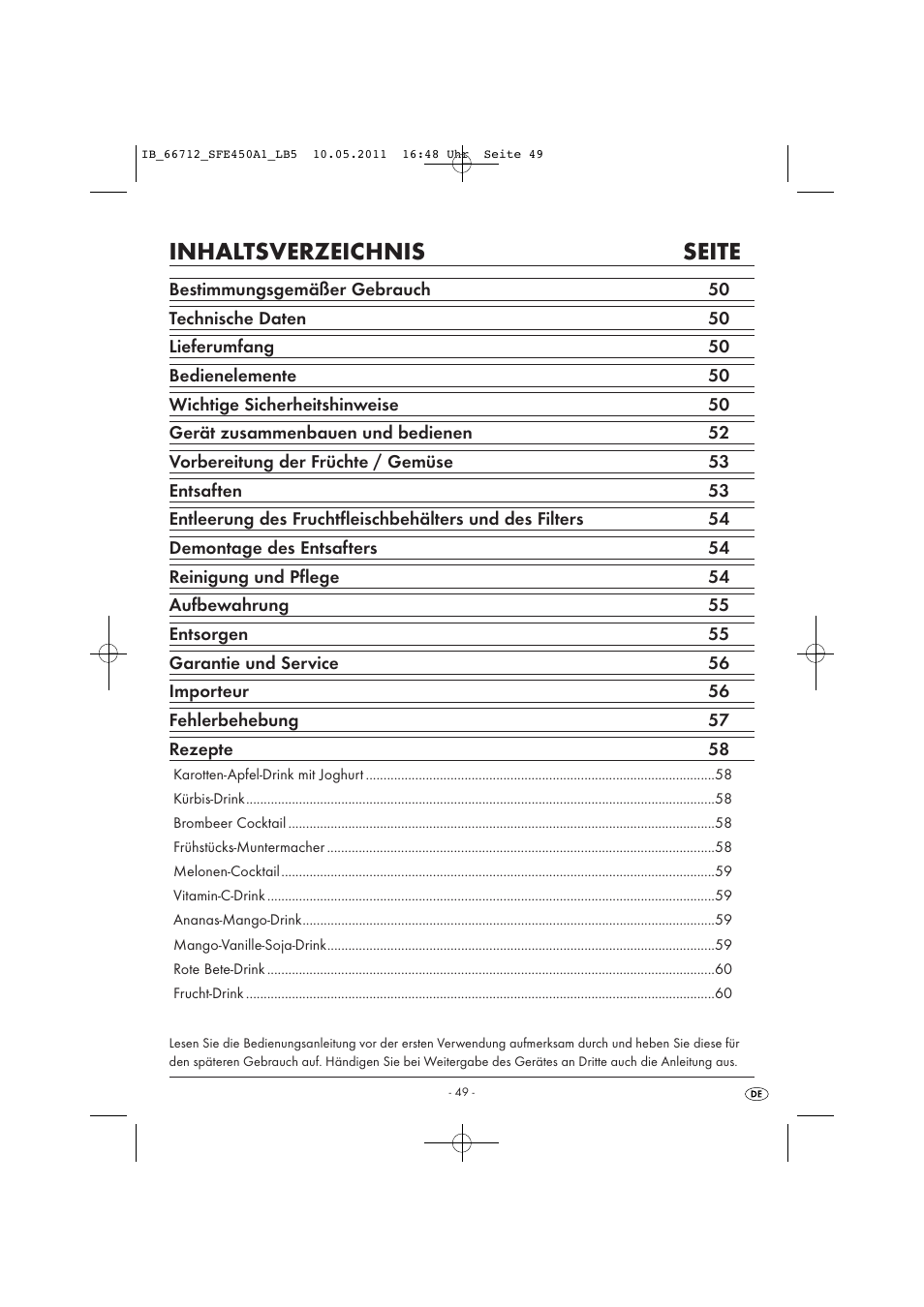 Inhaltsverzeichnis seite | Silvercrest SFE 450 A1 User Manual | Page 51 / 62