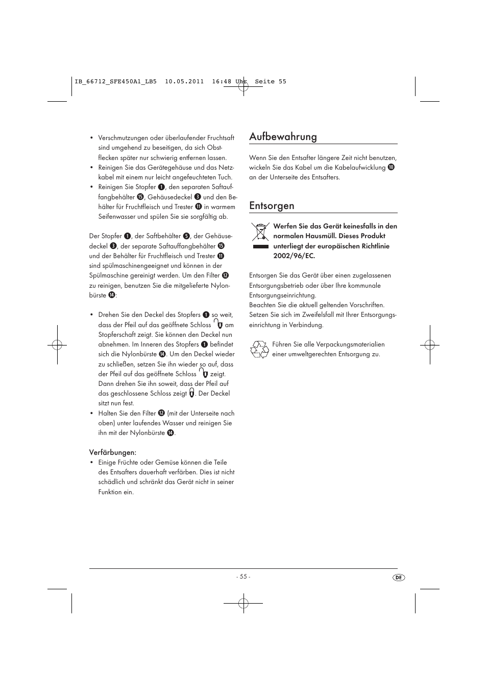 Aufbewahrung, Entsorgen | Silvercrest SFE 450 A1 User Manual | Page 57 / 62