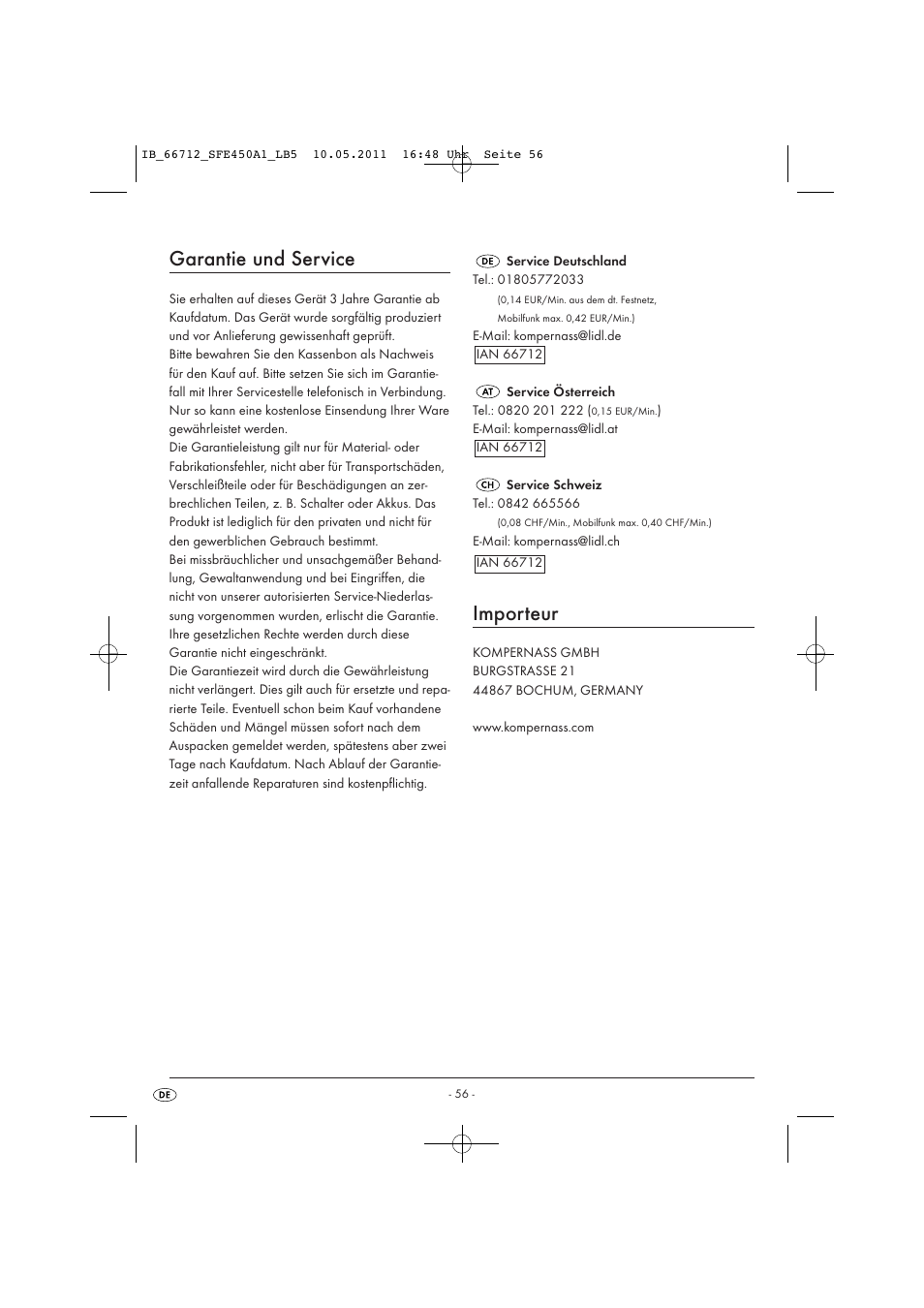 Garantie und service, Importeur | Silvercrest SFE 450 A1 User Manual | Page 58 / 62