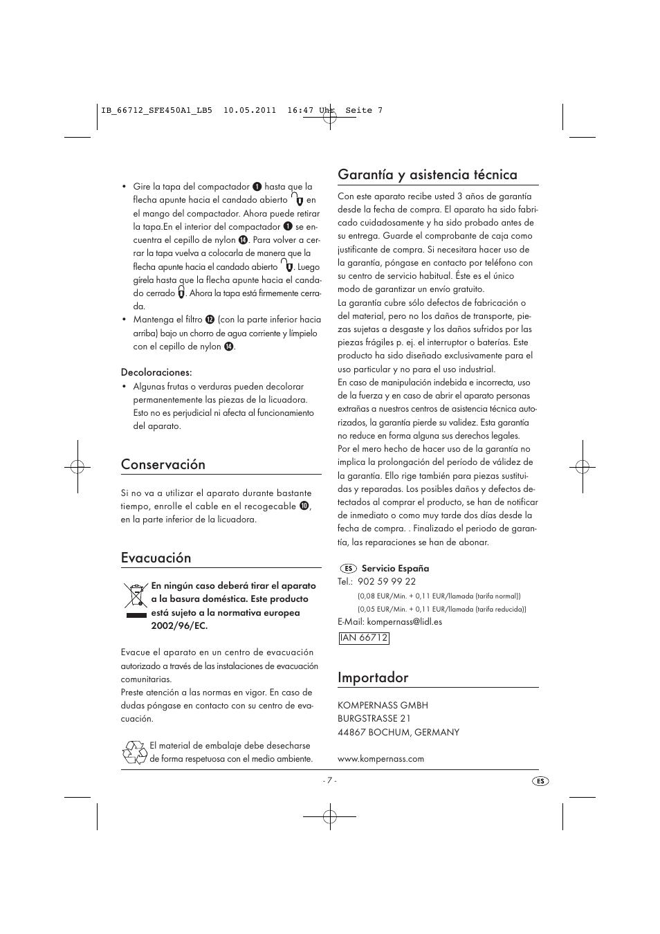 Conservación, Evacuación, Garantía y asistencia técnica | Importador | Silvercrest SFE 450 A1 User Manual | Page 9 / 62