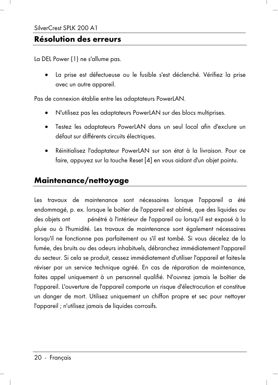 Résolution des erreurs, Maintenance/nettoyage | Silvercrest SPLK 200 A1 User Manual | Page 22 / 74