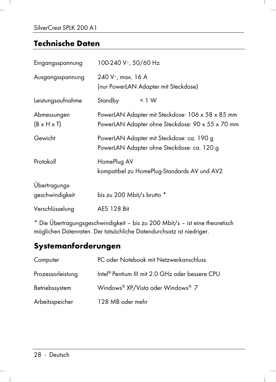 Technische daten, Systemanforderungen | Silvercrest SPLK 200 A1 User Manual | Page 30 / 74