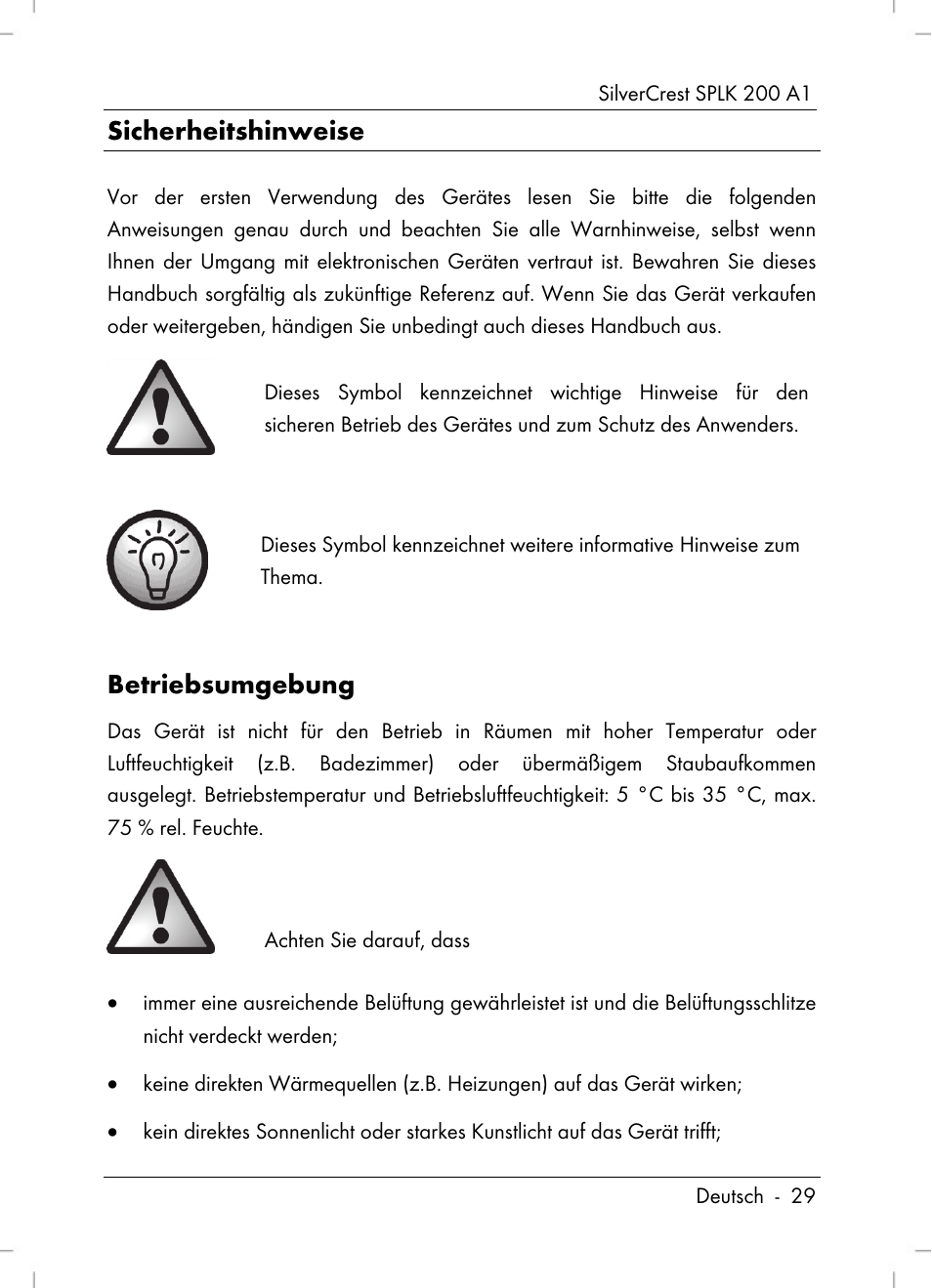 Sicherheitshinweise, Betriebsumgebung | Silvercrest SPLK 200 A1 User Manual | Page 31 / 74