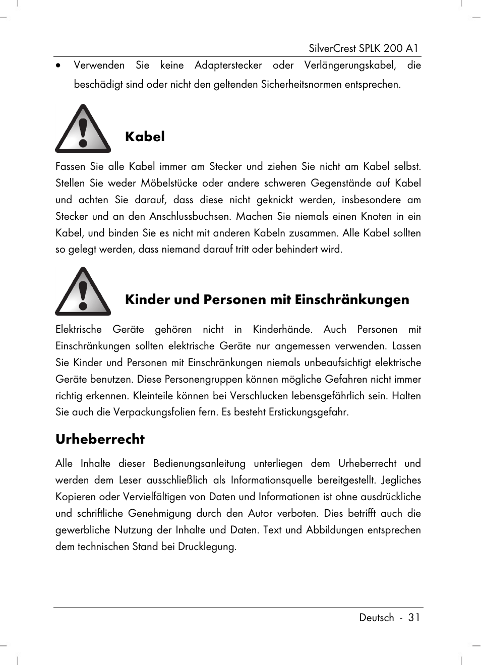 Kabel, Kinder und personen mit einschränkungen, Urheberrecht | Silvercrest SPLK 200 A1 User Manual | Page 33 / 74