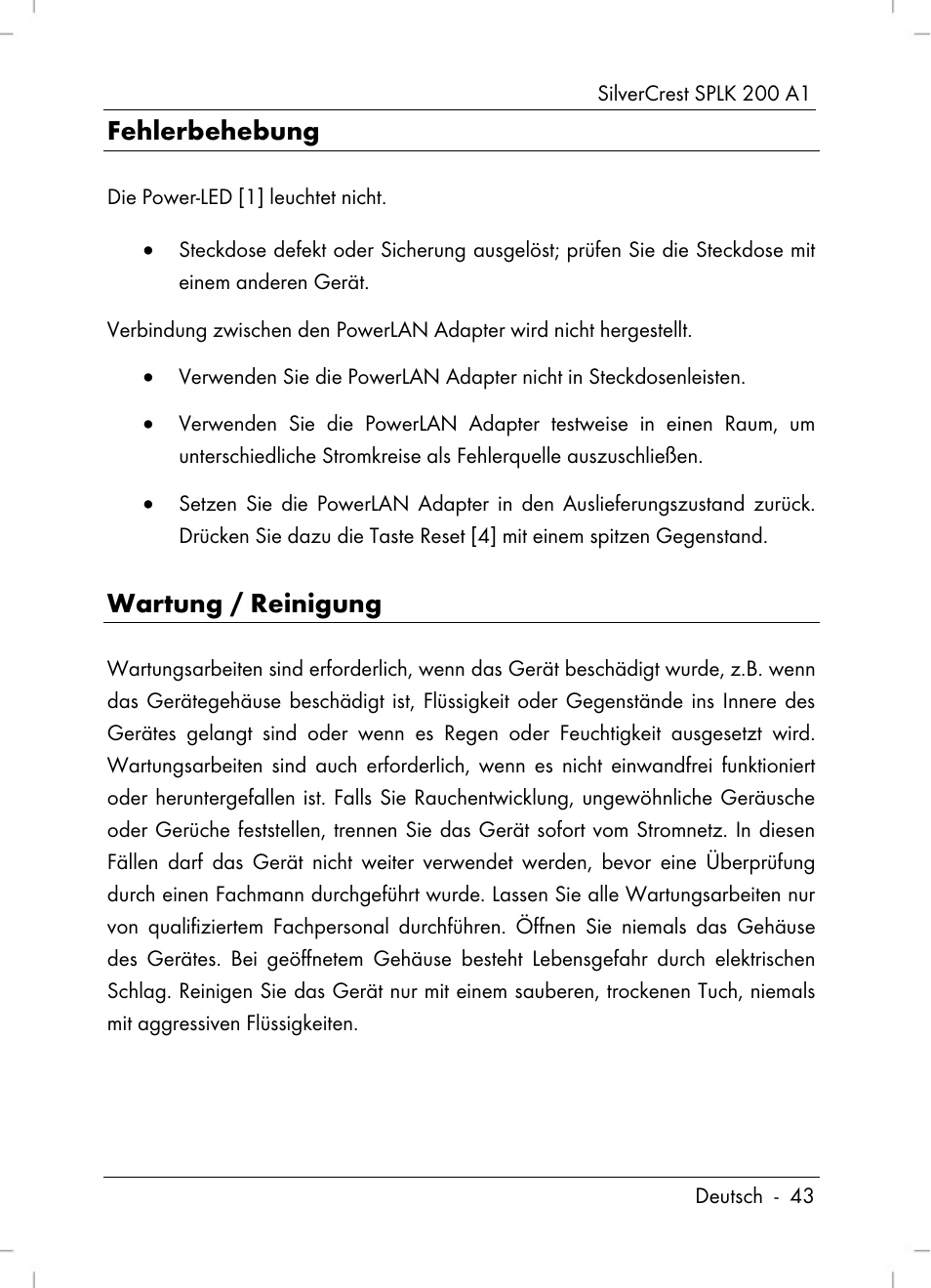Fehlerbehebung, Wartung / reinigung | Silvercrest SPLK 200 A1 User Manual | Page 45 / 74