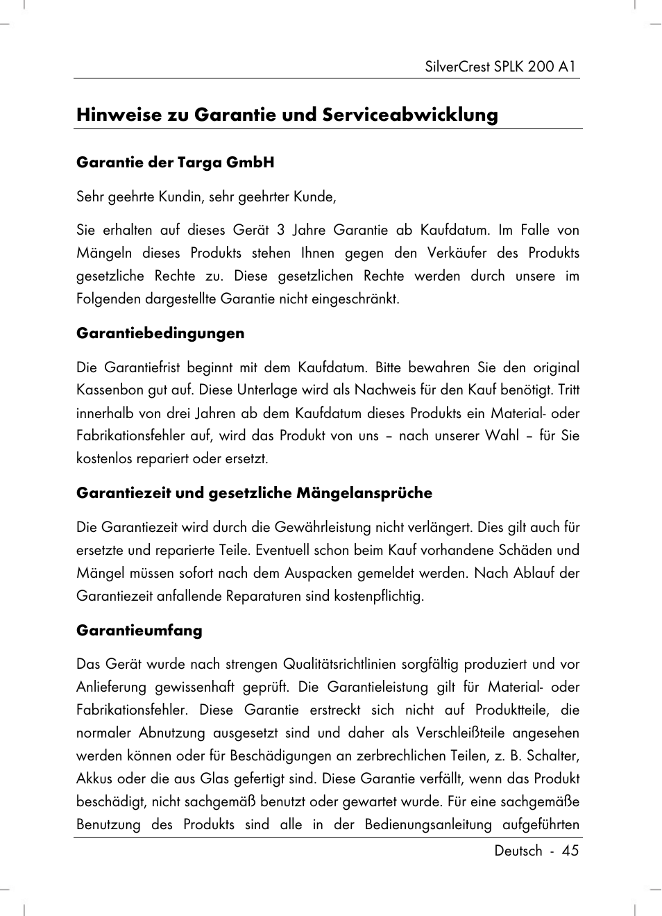 Hinweise zu garantie und serviceabwicklung | Silvercrest SPLK 200 A1 User Manual | Page 47 / 74