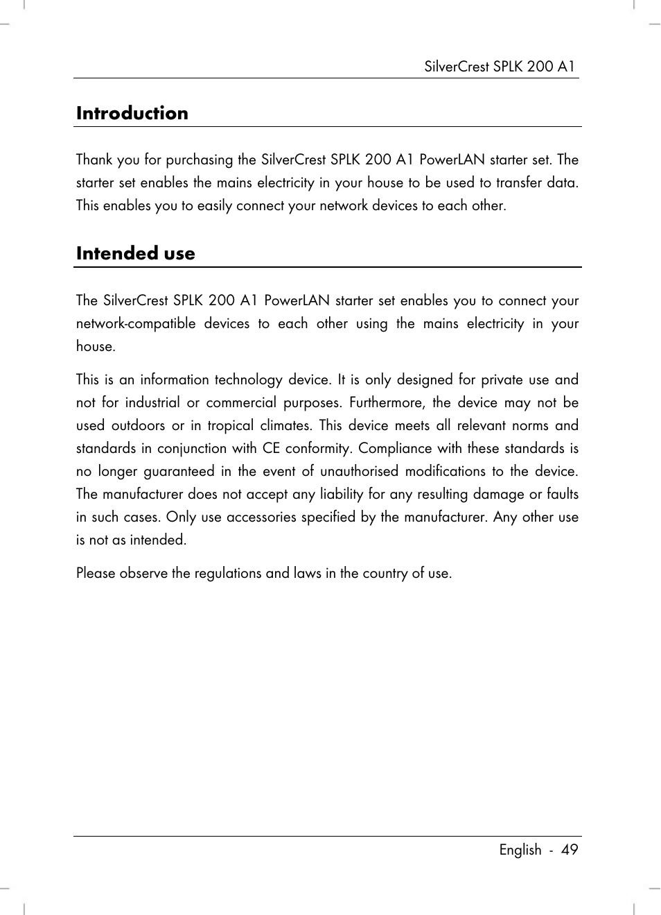 Introduction, Intended use | Silvercrest SPLK 200 A1 User Manual | Page 51 / 74