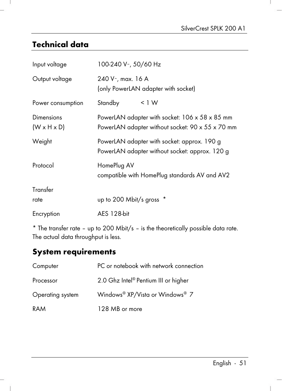 Technical data, System requirements | Silvercrest SPLK 200 A1 User Manual | Page 53 / 74