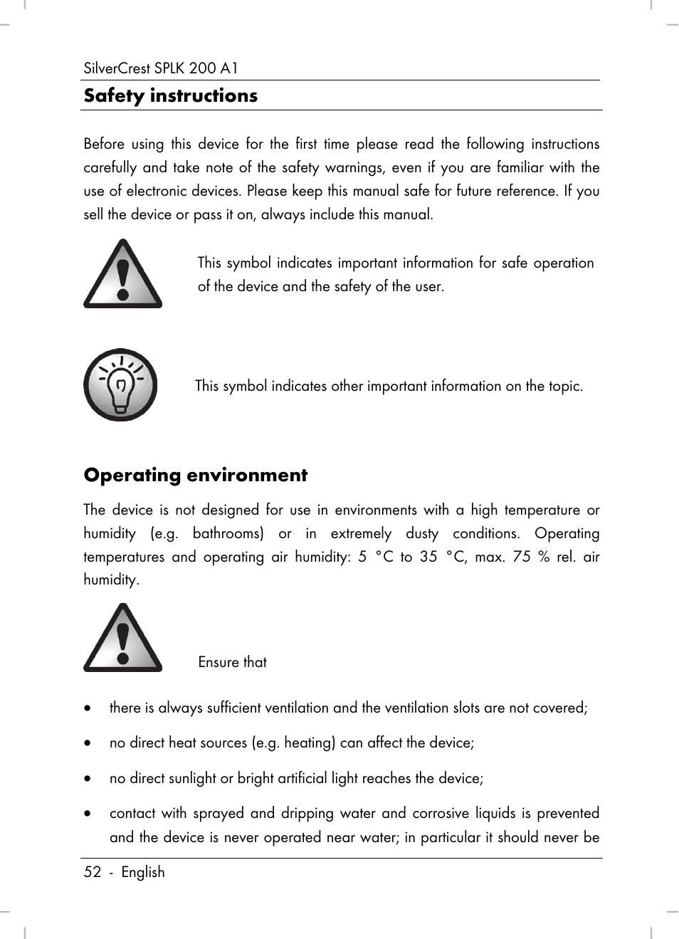 Safety instructions, Operating environment | Silvercrest SPLK 200 A1 User Manual | Page 54 / 74