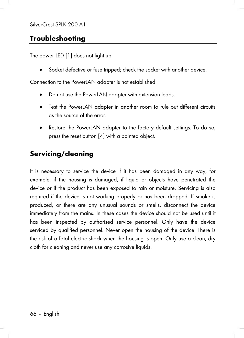 Troubleshooting, Servicing/cleaning | Silvercrest SPLK 200 A1 User Manual | Page 68 / 74