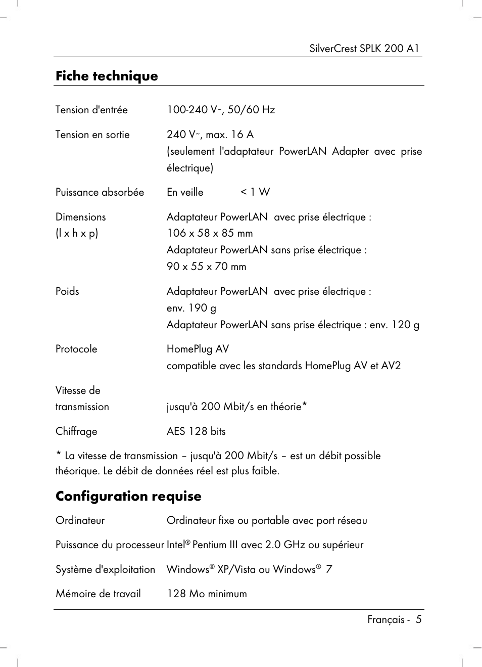 Fiche technique, Configuration requise | Silvercrest SPLK 200 A1 User Manual | Page 7 / 74