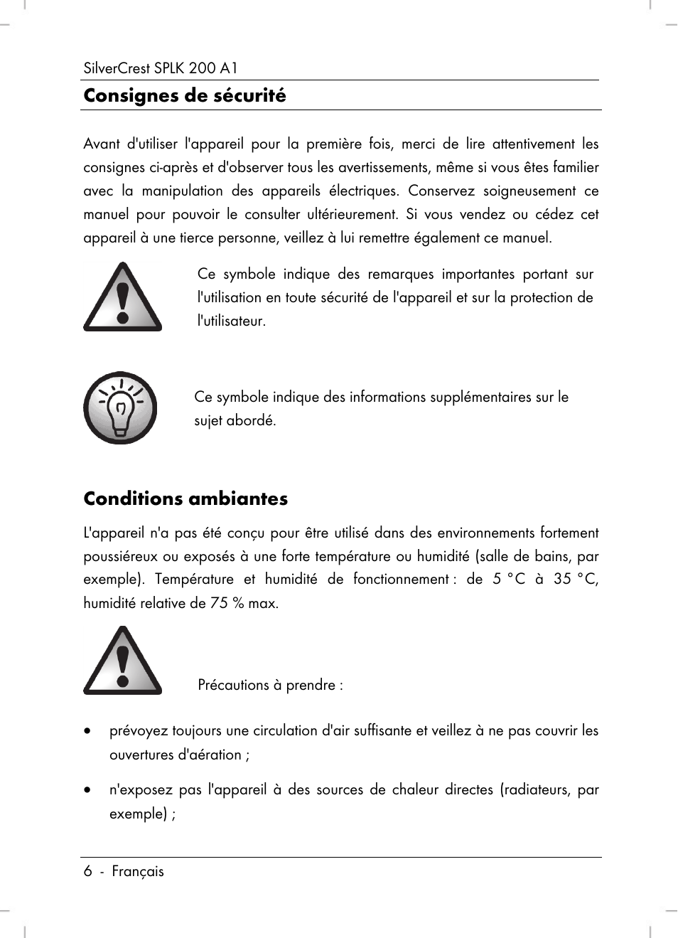 Consignes de sécurité, Conditions ambiantes | Silvercrest SPLK 200 A1 User Manual | Page 8 / 74