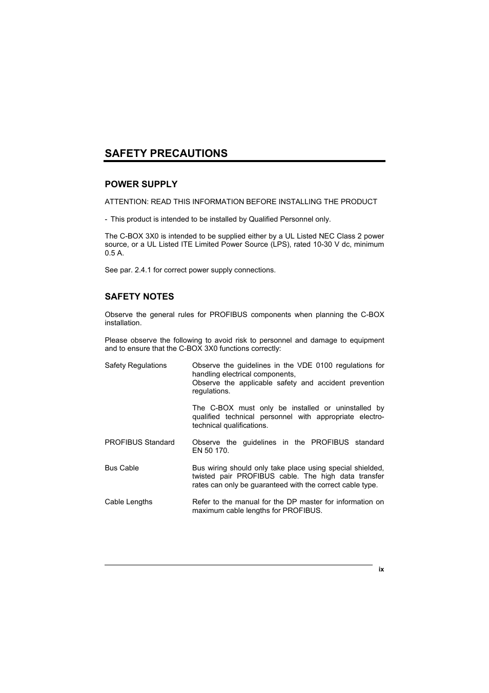 Safety precautions, Power supply, Safety notes | Datalogic Scanning C-BOX 300 User Manual | Page 11 / 38