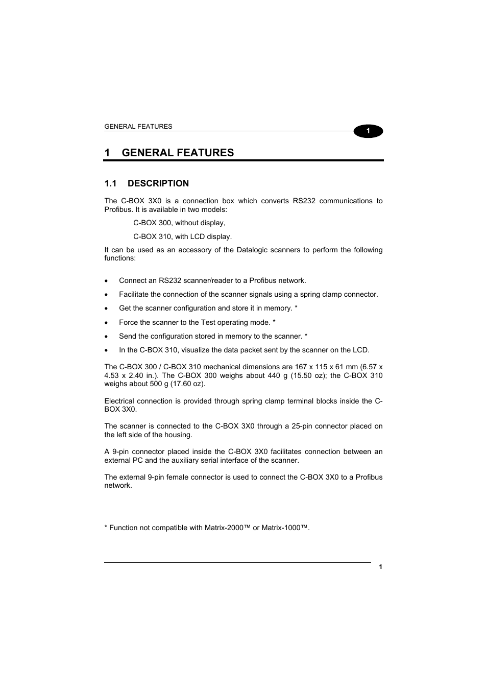 General features, Description, 1 general features | Datalogic Scanning C-BOX 300 User Manual | Page 13 / 38