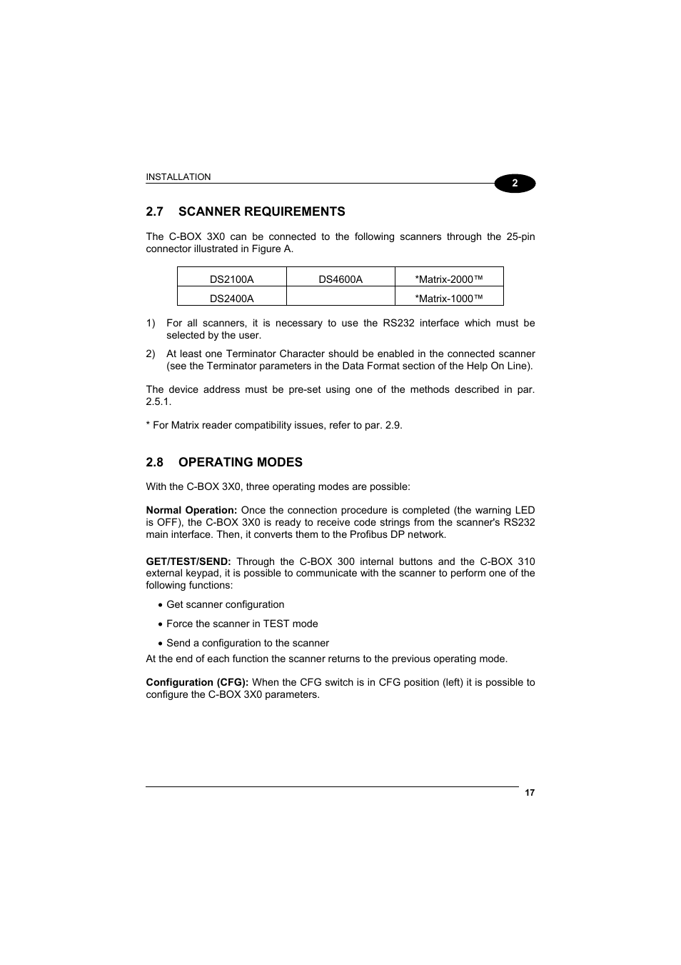 Scanner requirements, Operating modes | Datalogic Scanning C-BOX 300 User Manual | Page 29 / 38