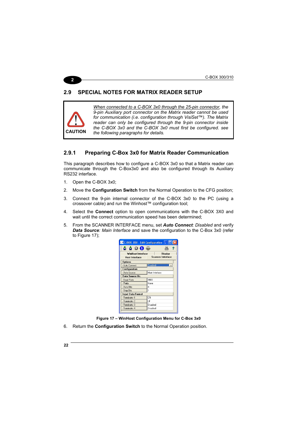 Special notes for matrix reader setup, C-box 3x0 configuration for matrix-2000™ readers, Par. 2.9 for det | Datalogic Scanning C-BOX 300 User Manual | Page 34 / 38