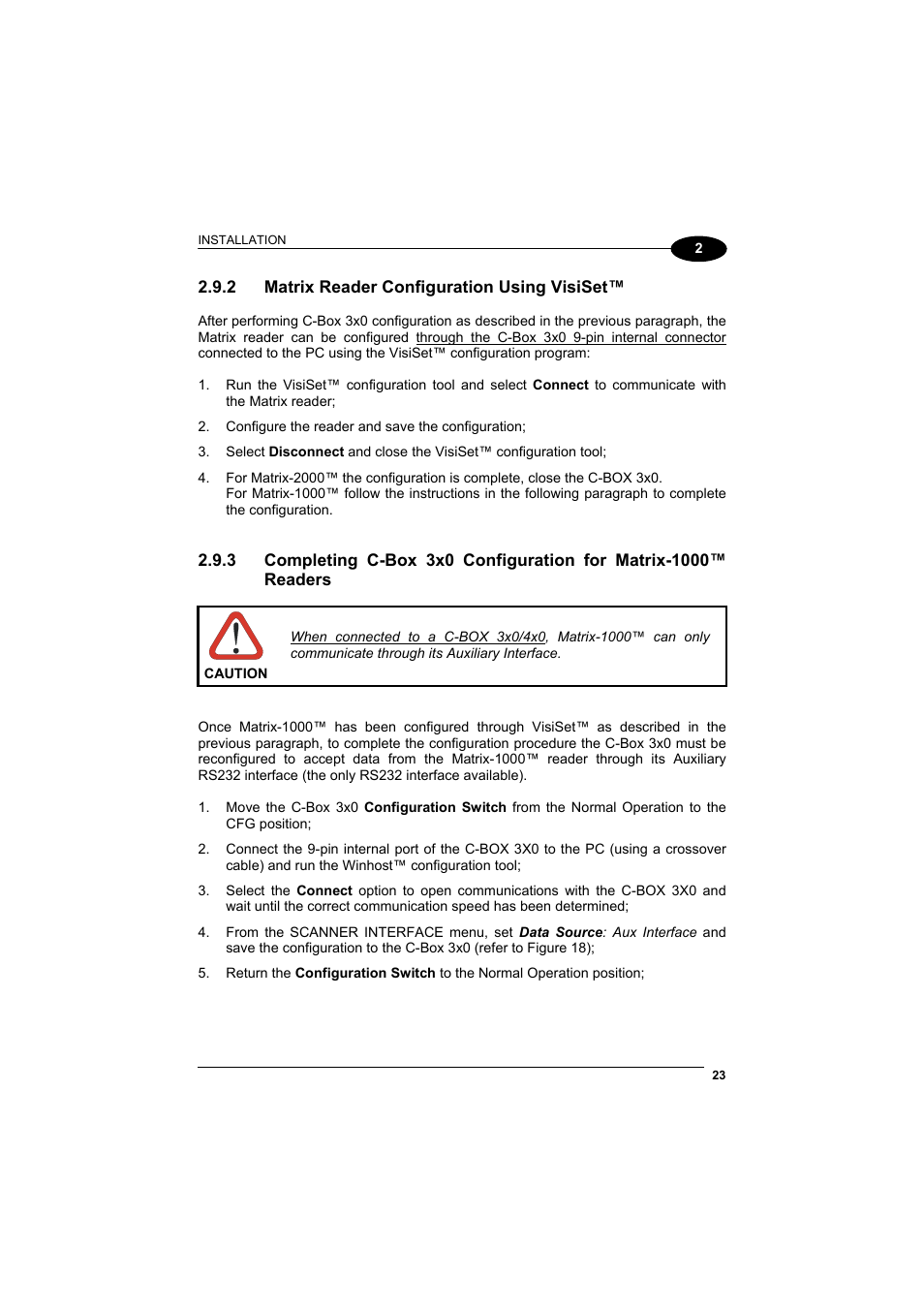 Matrix reader configuration using visiset, C-box 3x0 configuration for matrix-1000™ readers | Datalogic Scanning C-BOX 300 User Manual | Page 35 / 38