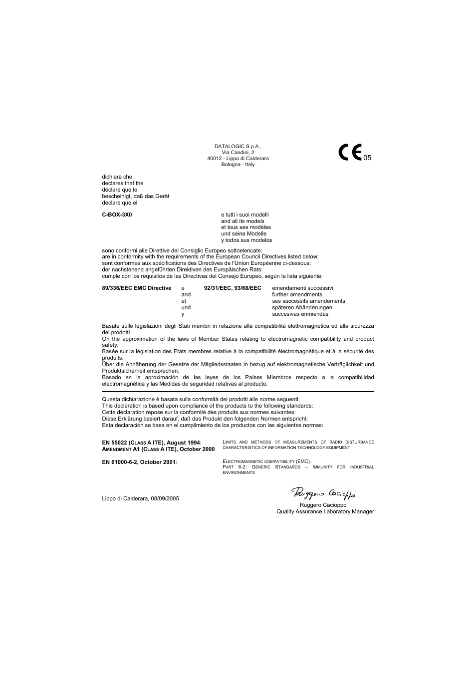 Declaration of conformity | Datalogic Scanning C-BOX 300 User Manual | Page 38 / 38