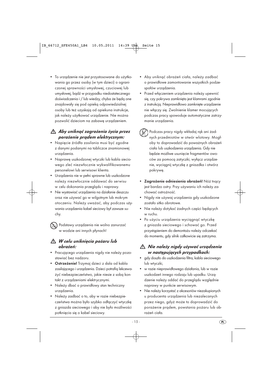 W celu uniknięcia pożaru lub obrażeń | Silvercrest SFE 450 A1 User Manual | Page 17 / 86