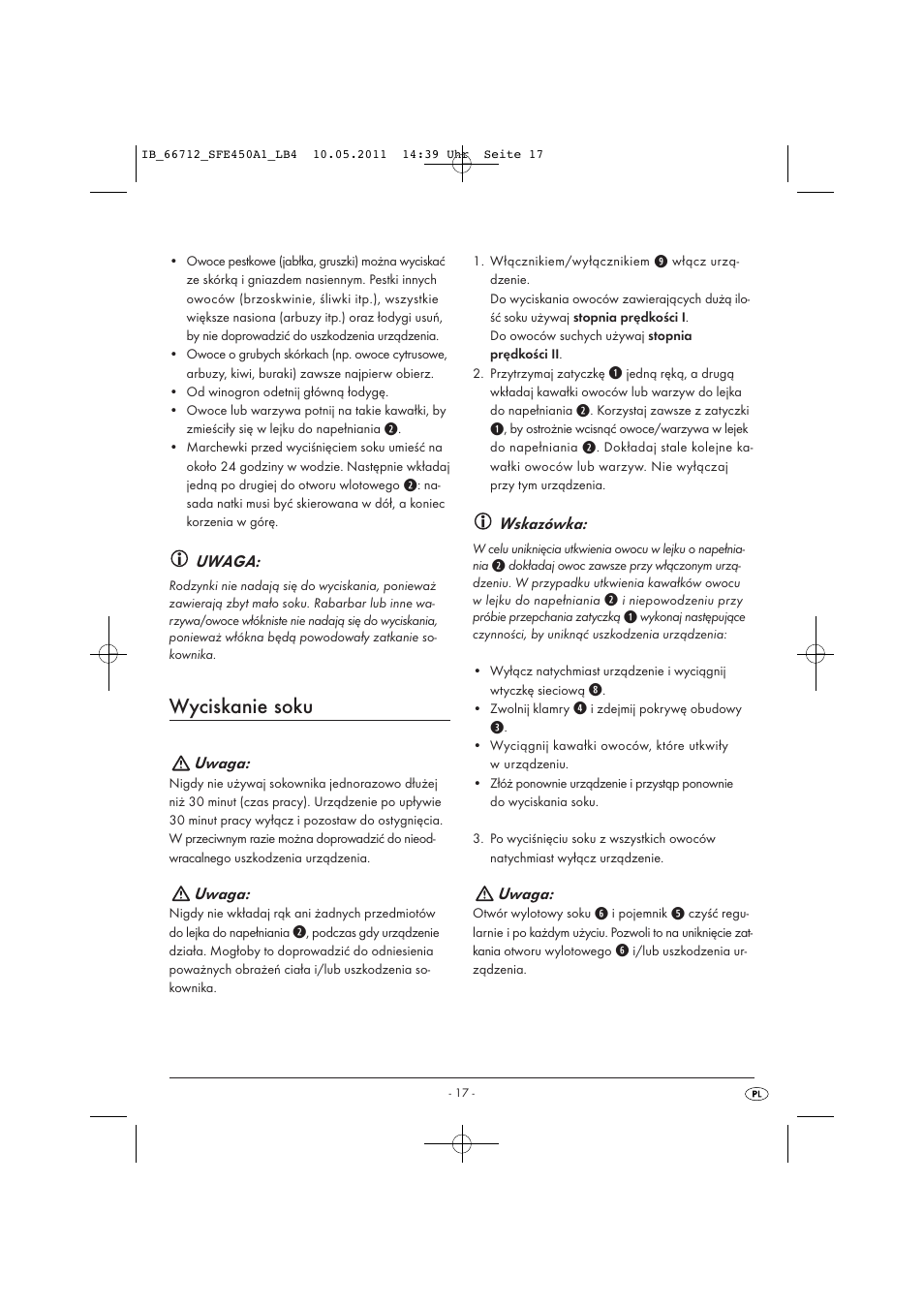 Wyciskanie soku, Uwaga, Wskazówka | Silvercrest SFE 450 A1 User Manual | Page 19 / 86