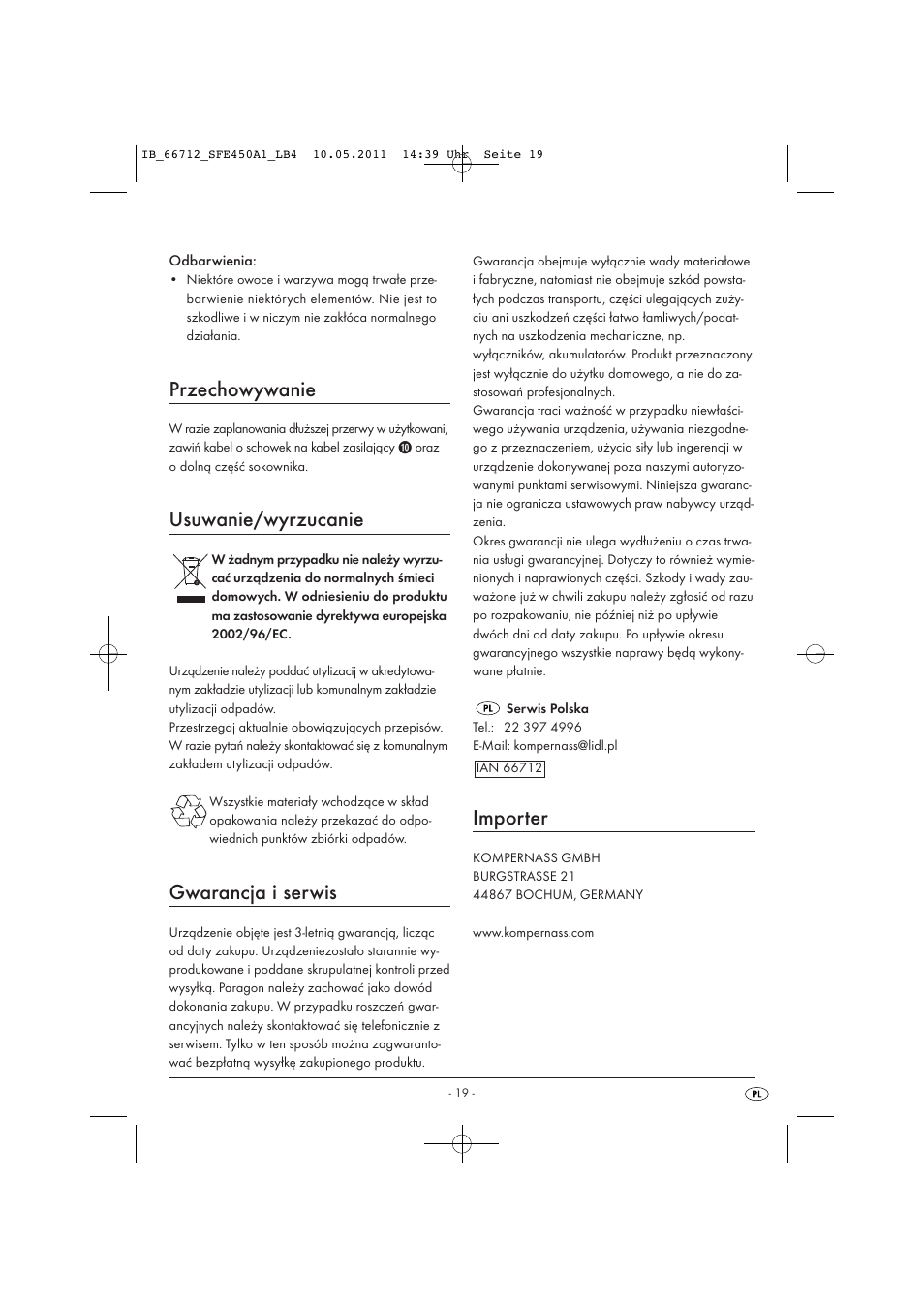 Przechowywanie, Usuwanie/wyrzucanie, Gwarancja i serwis | Importer | Silvercrest SFE 450 A1 User Manual | Page 21 / 86