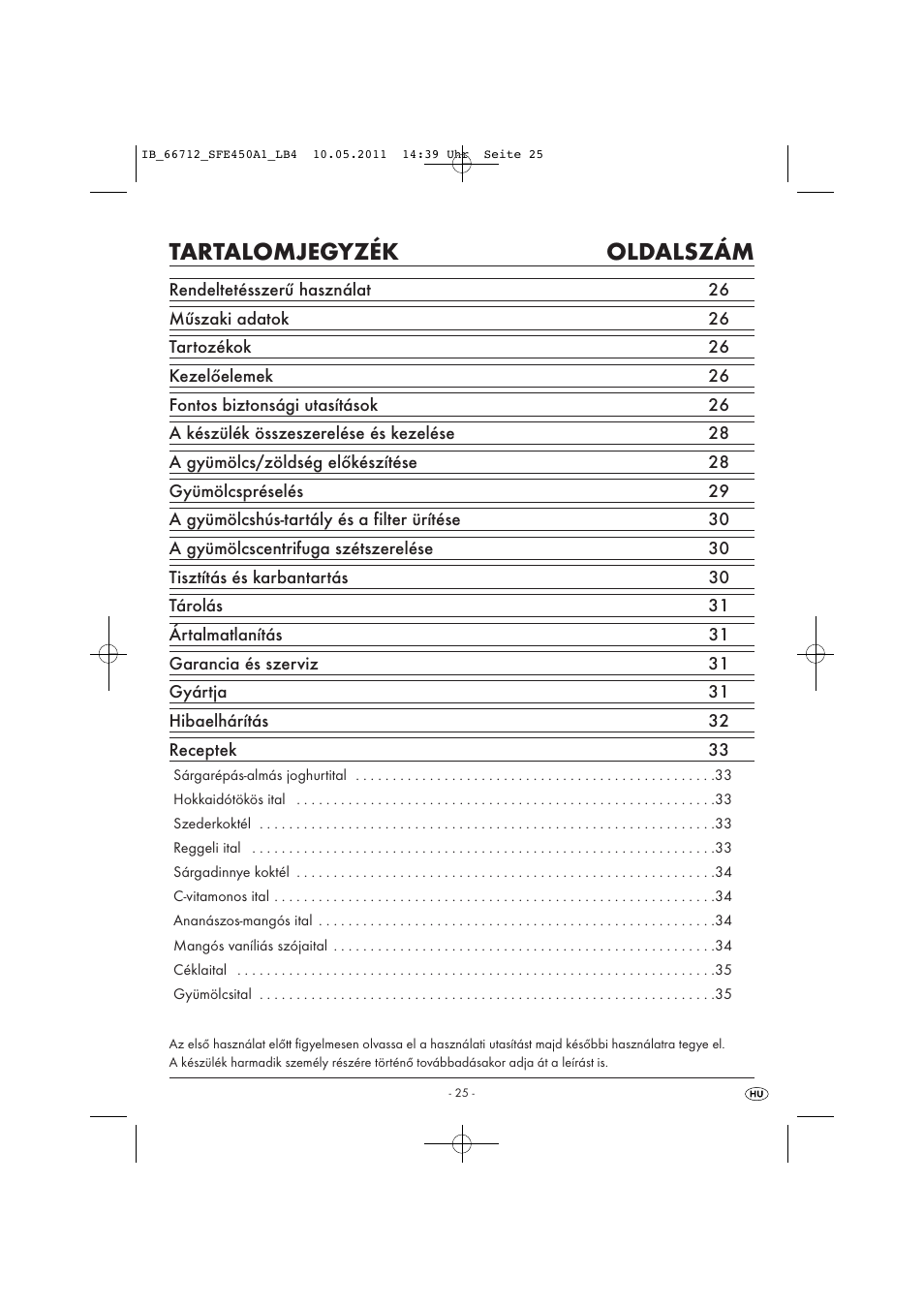 Tartalomjegyzék oldalszám | Silvercrest SFE 450 A1 User Manual | Page 27 / 86