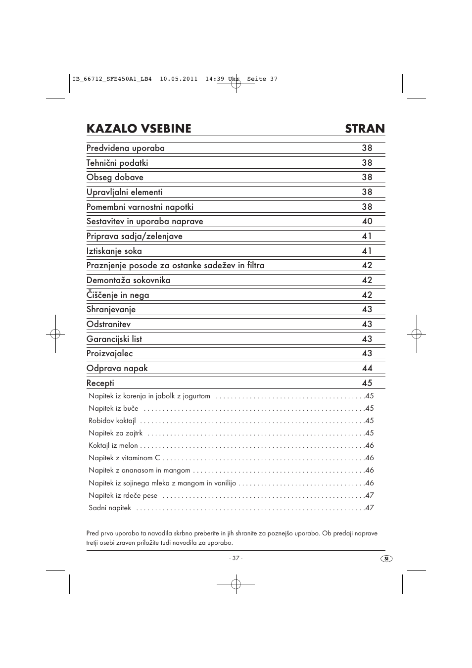 Kazalo vsebine stran | Silvercrest SFE 450 A1 User Manual | Page 39 / 86