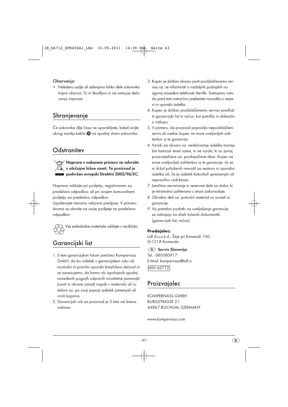 Shranjevanje, Odstranitev, Garancijski list | Proizvajalec | Silvercrest SFE 450 A1 User Manual | Page 45 / 86