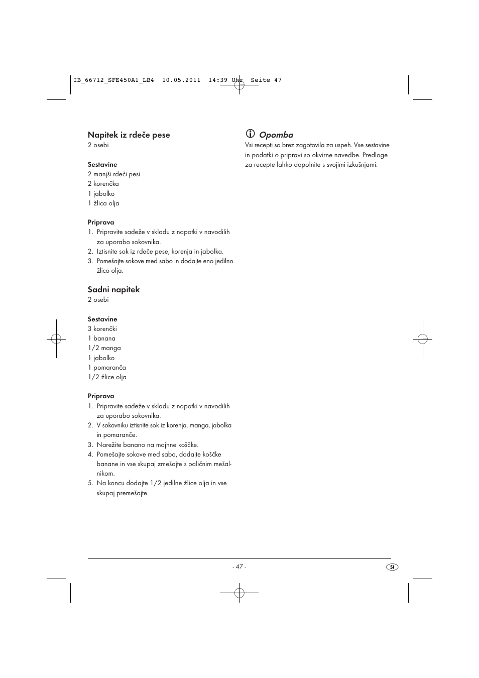 Napitek iz rdeče pese, Sadni napitek, Opomba | Silvercrest SFE 450 A1 User Manual | Page 49 / 86