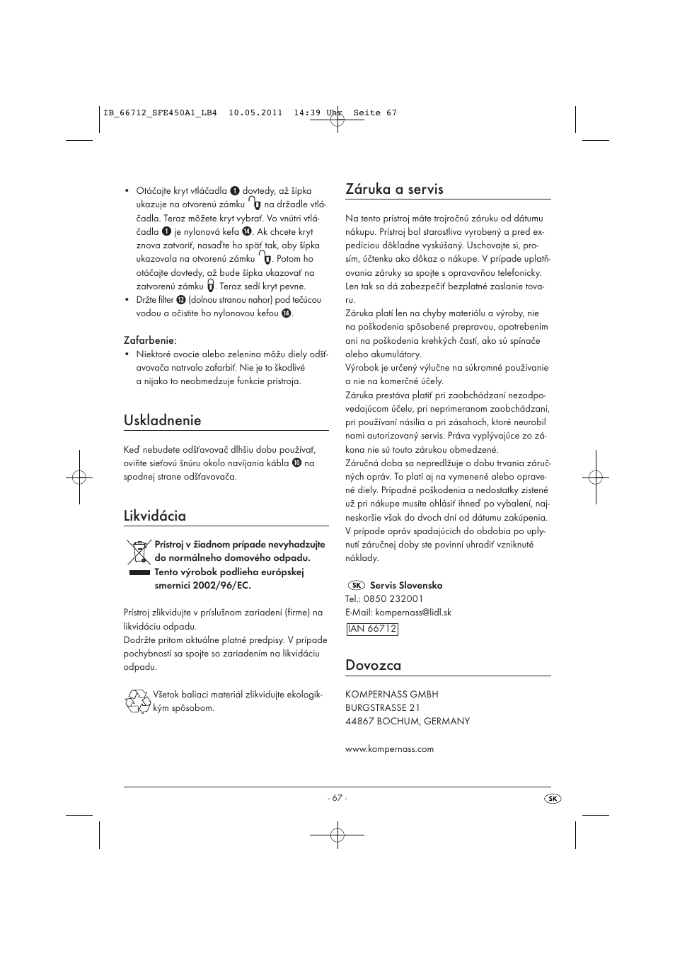Uskladnenie, Likvidácia, Záruka a servis | Dovozca | Silvercrest SFE 450 A1 User Manual | Page 69 / 86