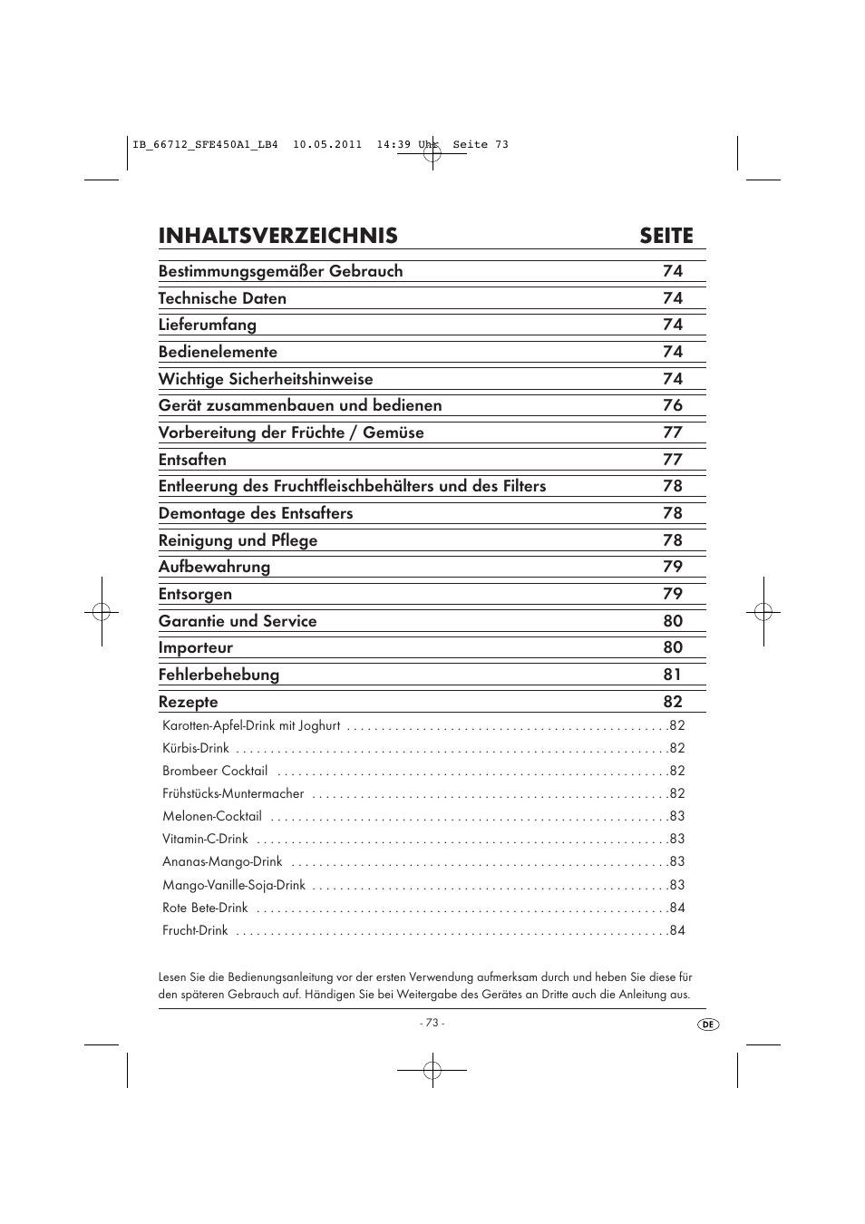 Inhaltsverzeichnis seite | Silvercrest SFE 450 A1 User Manual | Page 75 / 86