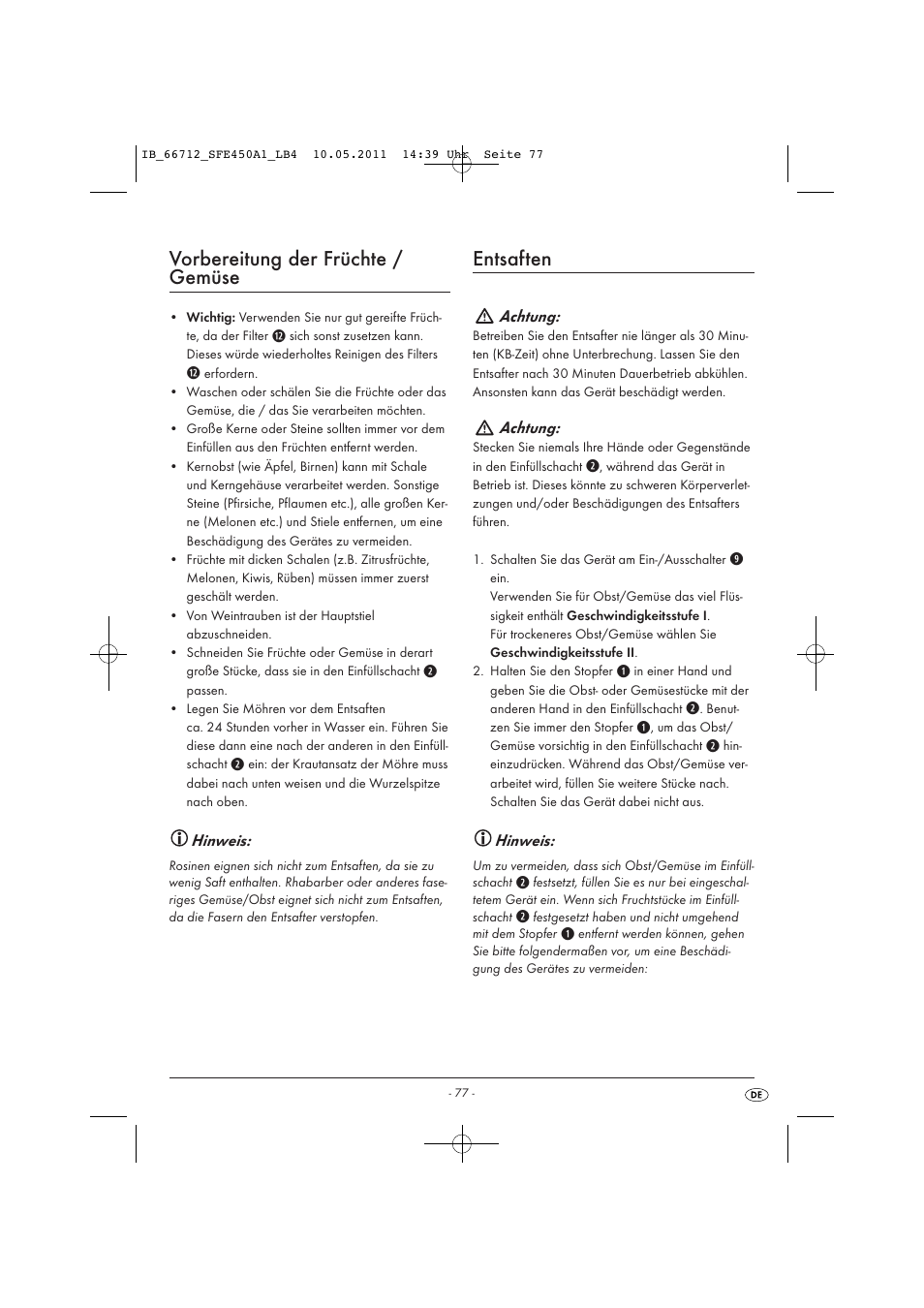 Vorbereitung der früchte / gemüse, Entsaften | Silvercrest SFE 450 A1 User Manual | Page 79 / 86