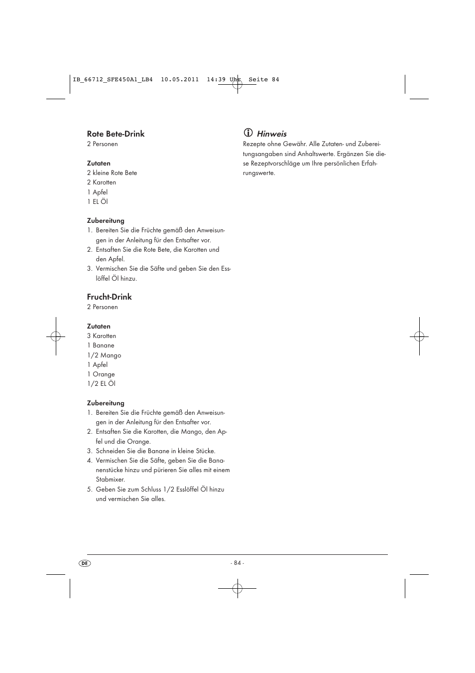 Rote bete-drink, Frucht-drink, Hinweis | Silvercrest SFE 450 A1 User Manual | Page 86 / 86