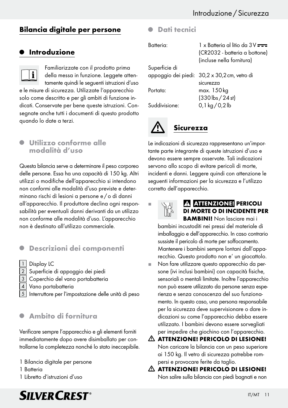 Introduzione / sicurezza, Bilancia digitale per persone, Introduzione | Utilizzo conforme alle modalità d’uso, Descrizioni dei componenti, Ambito di fornitura, Dati tecnici, Sicurezza | Silvercrest Z29777A/ Z29777B User Manual | Page 11 / 30