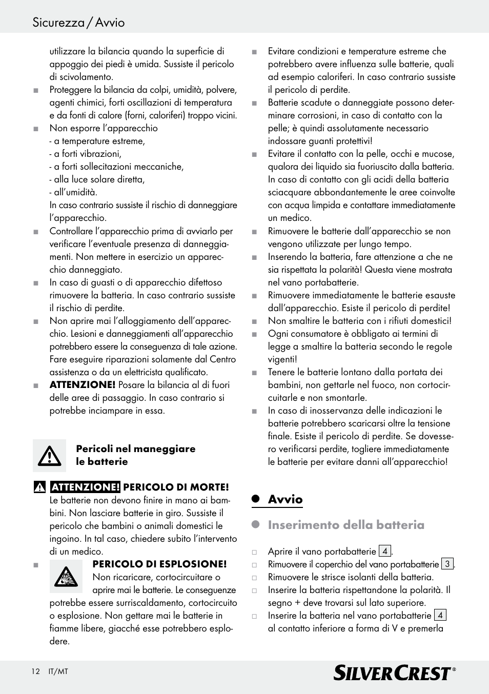 Sicurezza / avvio, Avvio, Inserimento della batteria | Silvercrest Z29777A/ Z29777B User Manual | Page 12 / 30