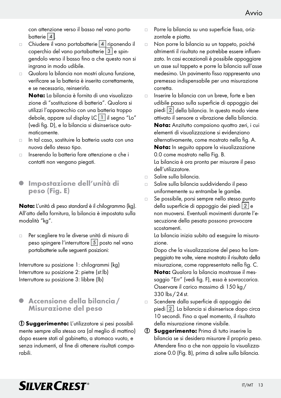 Avvio, Impostazione dell’unità di peso (fig. e), Accensione della bilancia / misurazione del peso | Silvercrest Z29777A/ Z29777B User Manual | Page 13 / 30