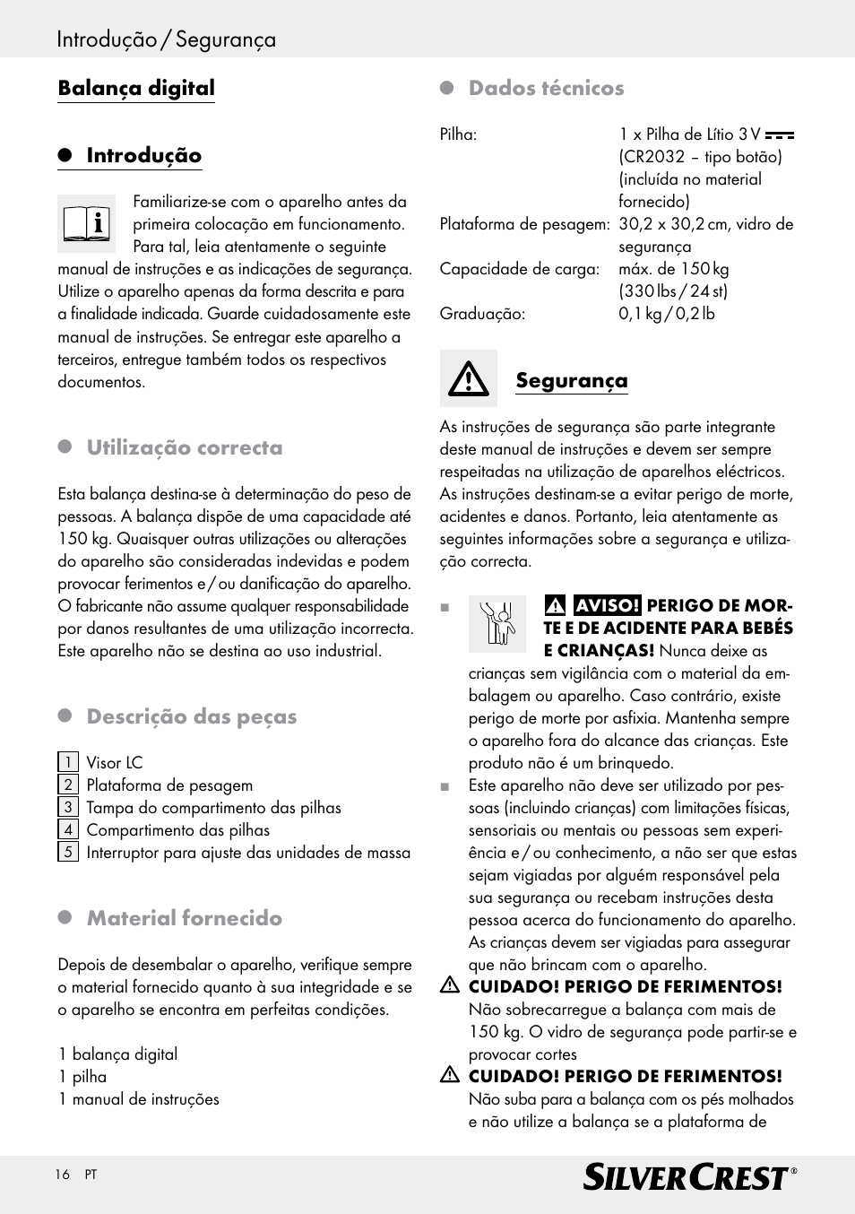 Introdução / segurança, Balança digital, Introdução | Utilização correcta, Descrição das peças, Material fornecido, Dados técnicos, Segurança | Silvercrest Z29777A/ Z29777B User Manual | Page 16 / 30