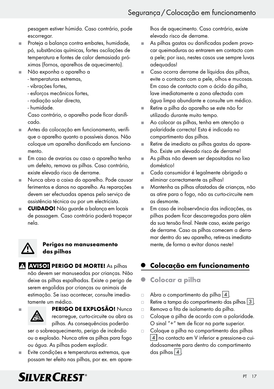 Segurança / colocação em funcionamento, Colocação em funcionamento, Colocar a pilha | Silvercrest Z29777A/ Z29777B User Manual | Page 17 / 30