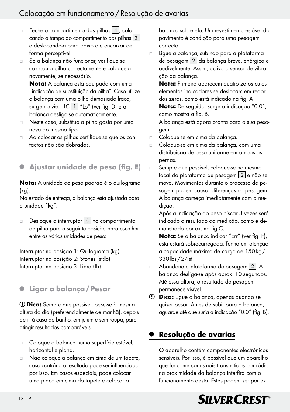 Colocação em funcionamento / resolução de avarias, Ajustar unidade de peso (fig. e), Ligar a balança / pesar | Resolução de avarias | Silvercrest Z29777A/ Z29777B User Manual | Page 18 / 30